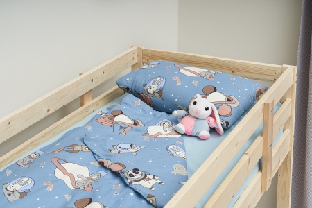 Двухъярусная кровать массив с диван-кроватью синий / натуральный